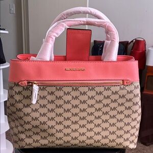 Michael Kors Coral and Tan Tote Bag